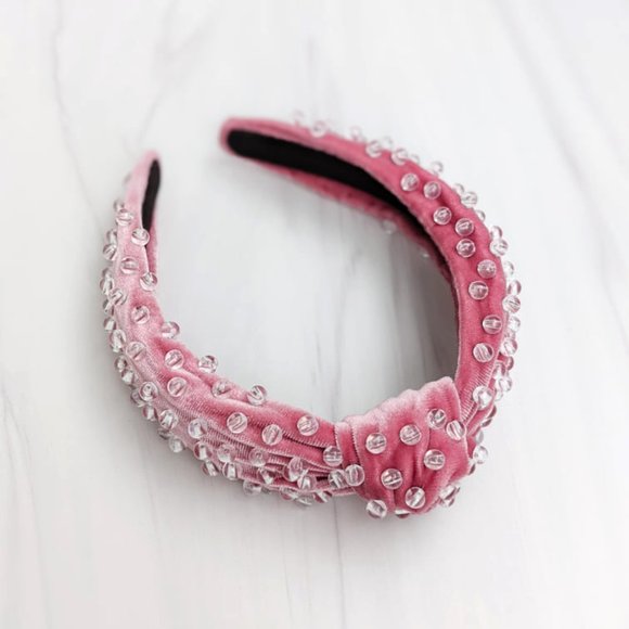 Mauve Pink Beaded Knotted Velvet Headband Crystal Clear Acrylic Beads Handmade main image 5